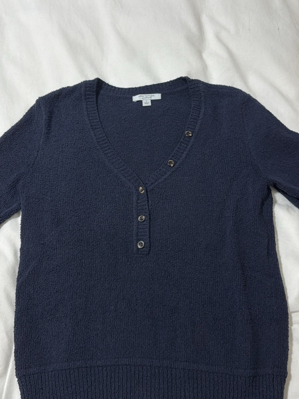 Ann Taylor Navy V-Neck Henley Sweater